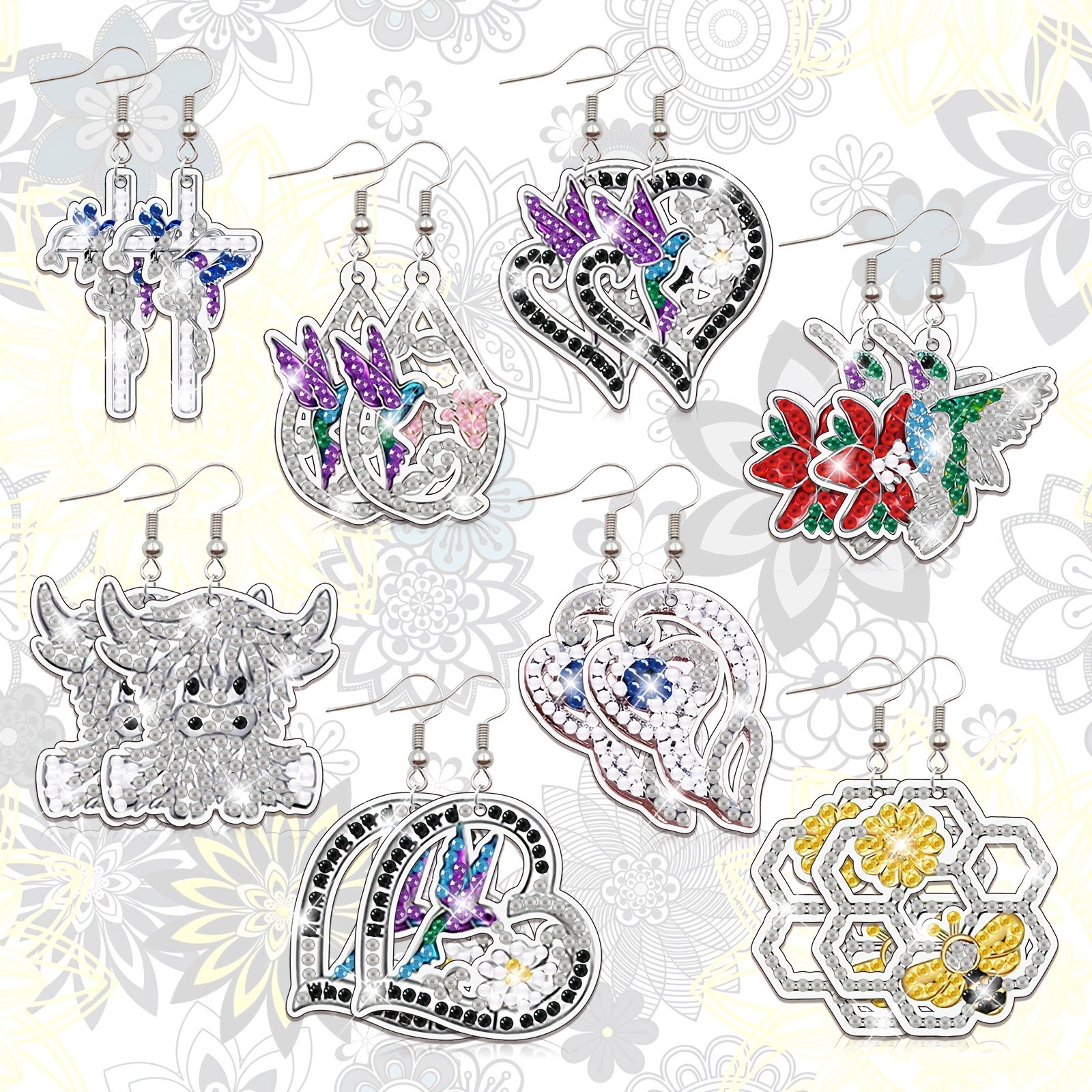 TEMU Ensemble de 16 boucles d'oreilles en art diamant à impression 2D à plat avec motif de , boucles d'oreilles de peinture diamant à soi- sur le