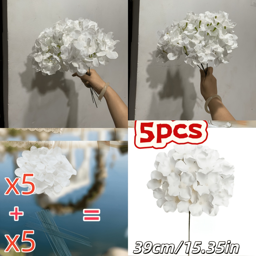 TEMU Ramo de 5 piezas de hortensias blancas artificiales de estilo prémium / 10 cabezas de flores + 10 — Adecuado para , hogar, jardín, decoración de