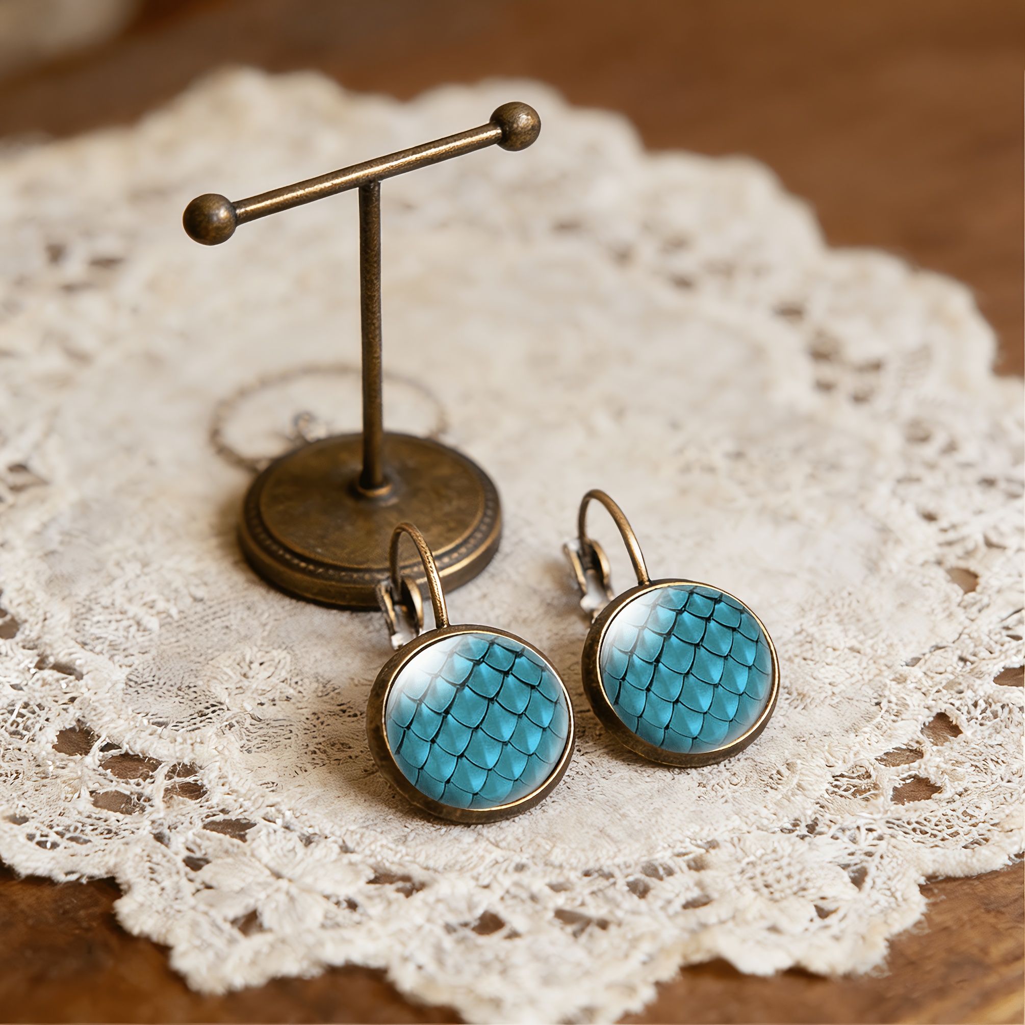 2pcs Cyan Round Classical Earrings Set, Retro Ear Hooks