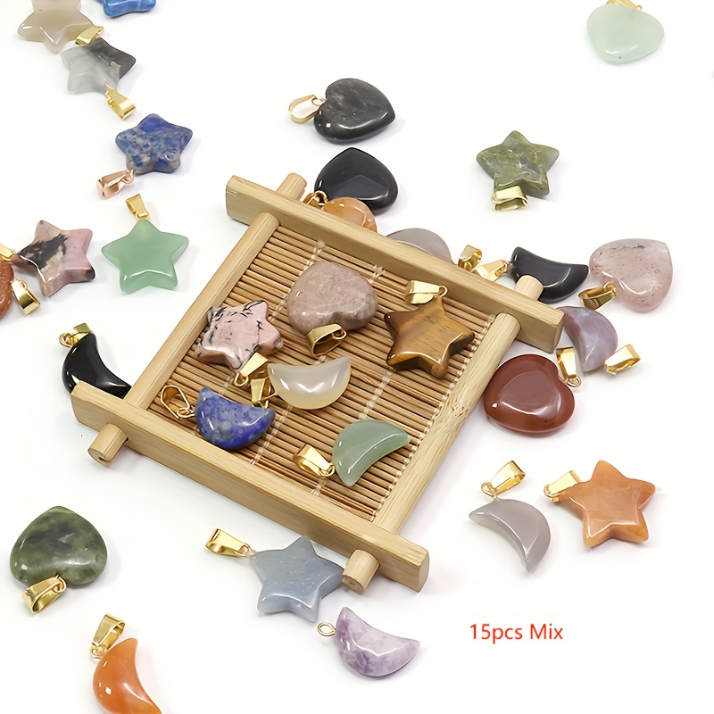 TEMU 15pcs Natural Stone Mixed Star, Heart, Small Moon Stone Pendants Charm Jewelry Additions