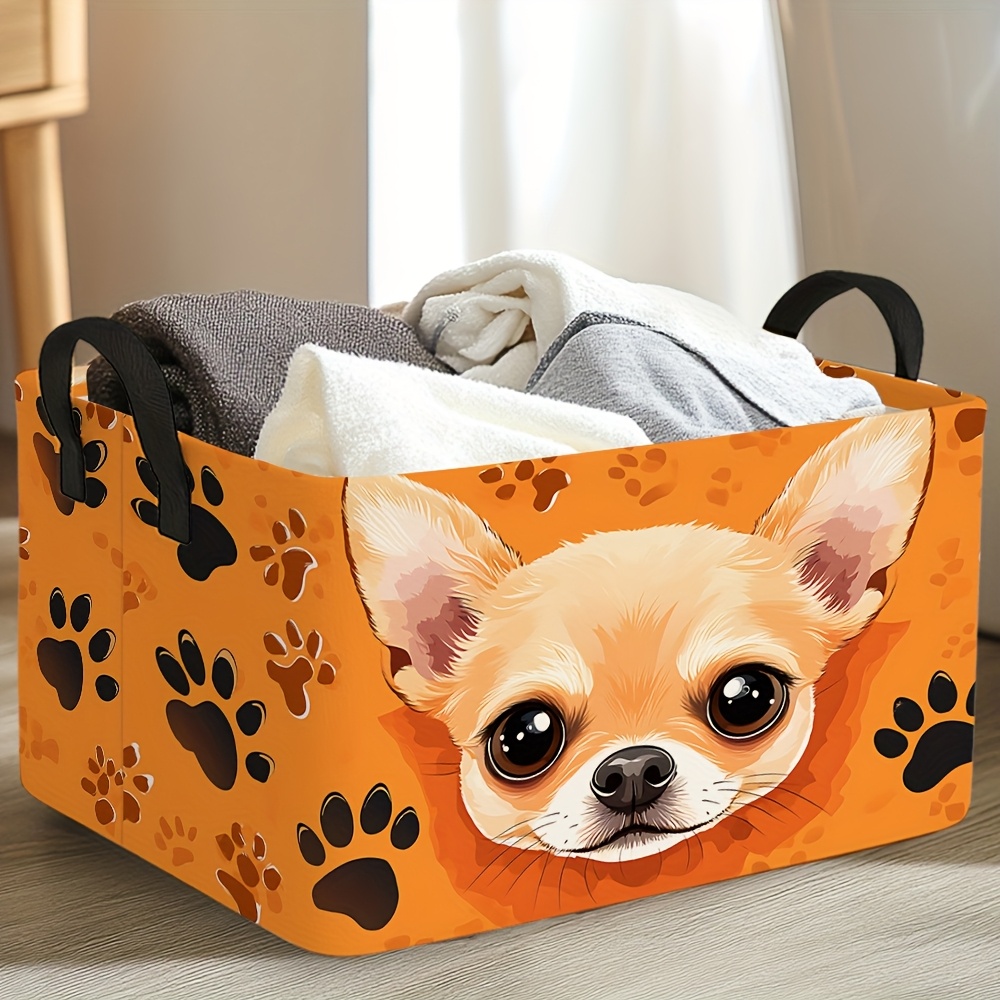 TEMU 1pc Dokriy Chihuahua Dog Storage Basket - Foldable Fabric Organizer Box With Chihuahua Pattern, Suitable For Clothes,, Blankets, Decor, Gift
