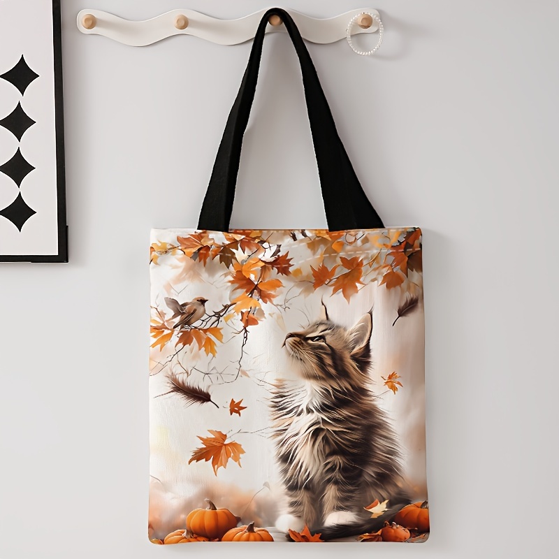 

Sac Fourre-Tout Chic à Imprimé Feuille d'Érable et Chaton - Réutilisable, Sac à Épaule Tendance avec Design Multifonctionnel en Toile