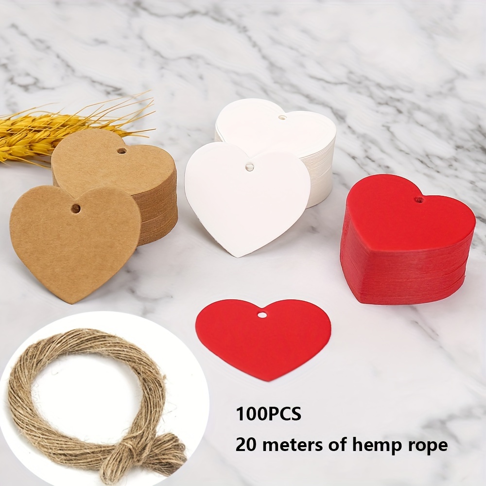 

100pcs + Hemp Rope, Love Tag Paper Blank Heart Card Valentine's Day Packaging Hanging Sign