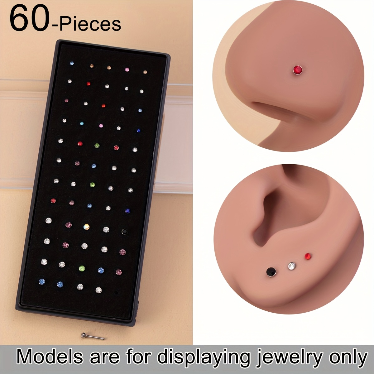 TEMU 60pcs Random Color Shiny Synthetic Zirconia Nose Pins - Stainless | Perfect For Daily Wear, Party Looks And Holiday Accessories - High Quality