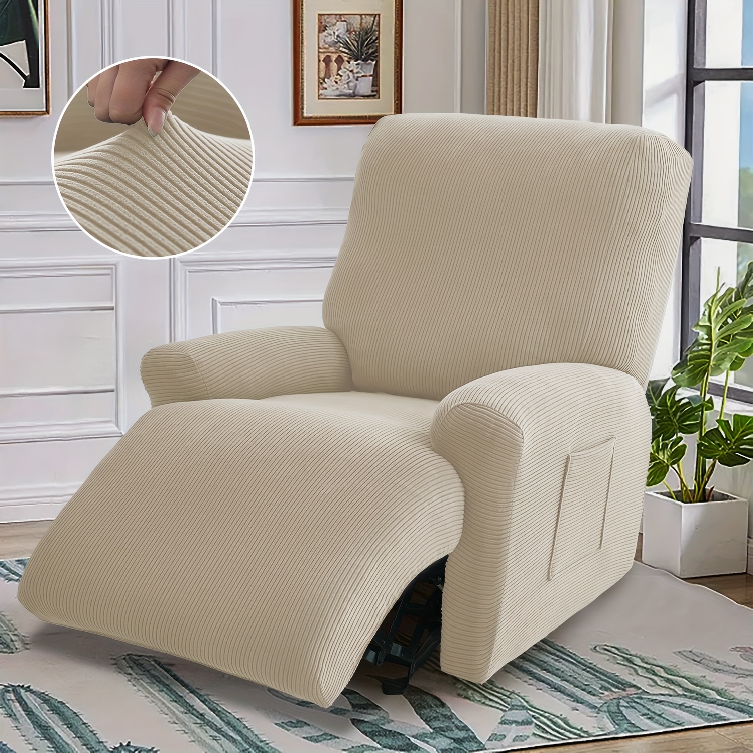Image of 4pcs/set Sofa Cover With Stripes, Soft And Comfortable Single Recliner Cushion Cover, Split Design, Chaise Lounge Elastic Cover With Side Pockets For Living Room, Bedroom Or Office Decoration
