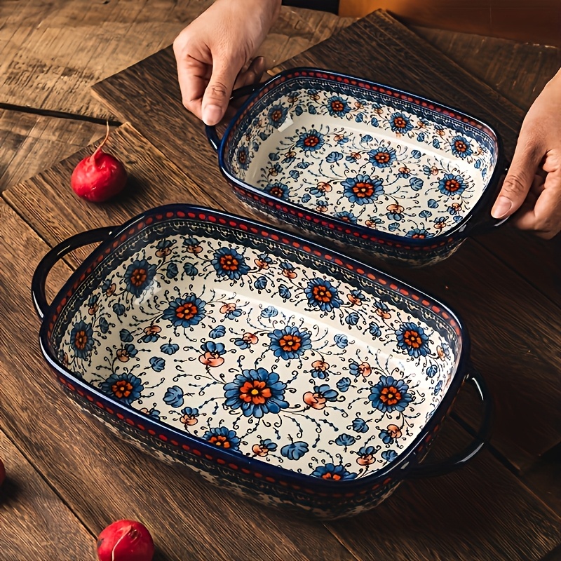TEMU Taufikt 2pcs Bohemian Porcelain Baking Dishes - Large Rectangular Baker Set | Oven-safe Casserole & Pie Pan, Versatile Ceramic Roaster | Elegant
