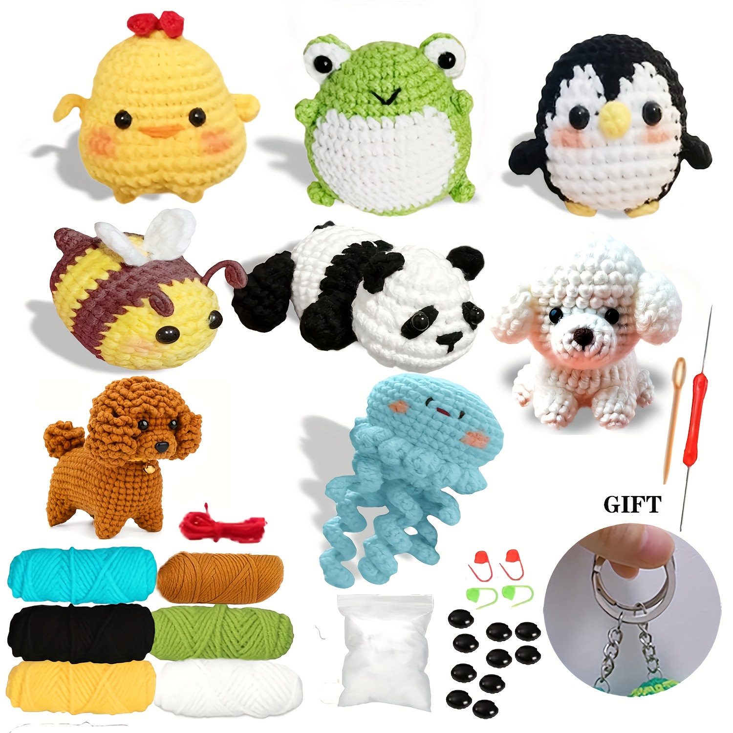 Image of 8pcs Crochet Kit For Beginners, Crochet Animal Kit, Crochet Starter Kit With Crochet Hooks, Yarn, Instructions Video, Crochet Set For Beginners