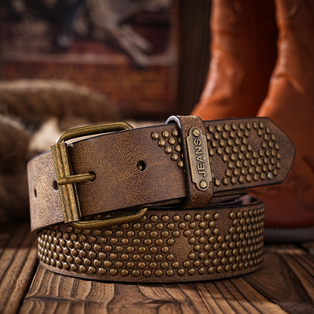 Vintage Belt With Pu Material And Rivet Design, Unisex For Men And Women