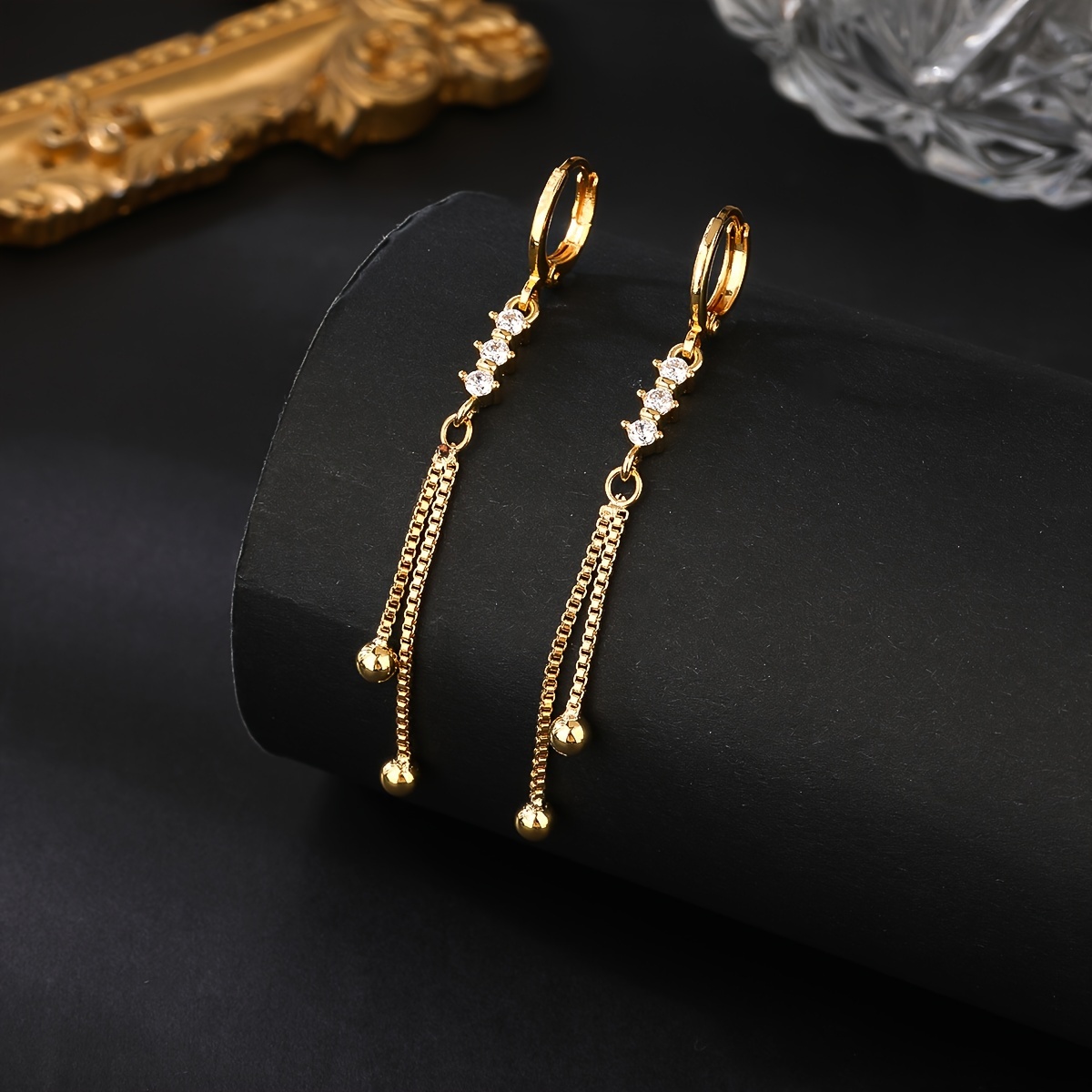 Image of 1 Pair Of Elegant 18k Golden Plated Copper-tone Dangle Earrings With Sparkling Cubic Zirconia - Perfect For Daily Wear And Vacation, Everyday Earrings|elegant Dangle Earrings|cubic Zirconia Earrings