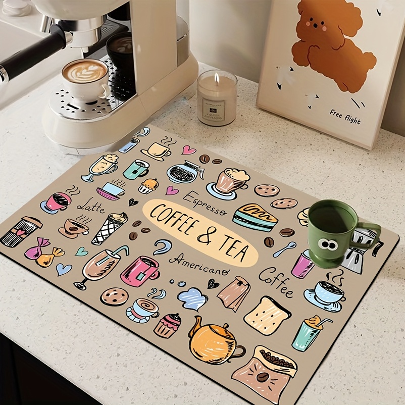 TEMU 1pc- Cartoon Print Polyester Dish Drying Mat With Non-slip Rubber Backing, Super Absorbent Countertop Mat, Suitable For Dishes, Kitchen Mat,