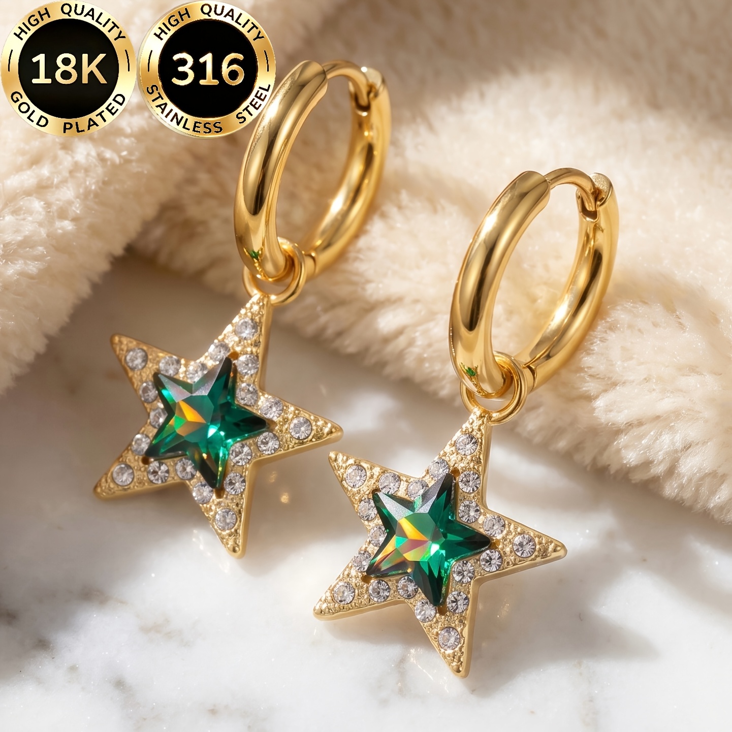 TEMU A Pair Of High-quality Steel 18k Gold-plated Hypoallergenic Earrings For Women, Featuring A Light Luxury, Elegant, And Sparkling Five-pointed