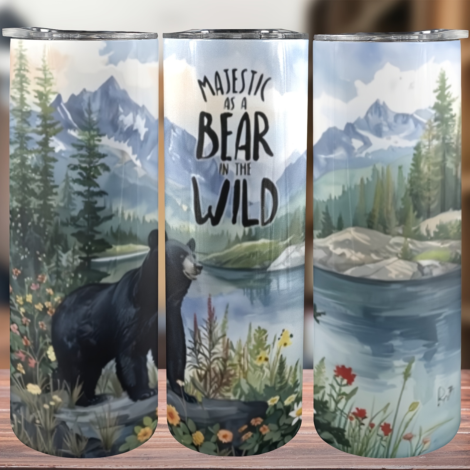 

20oz Black Bear Stainless Steel Tumbler With Lid And Straw, 304 Vacuum Insulated Water Bottle For Adults, Durable Outdoor Travel Drinkware, Majestic Wilderness Design - 1 Pc