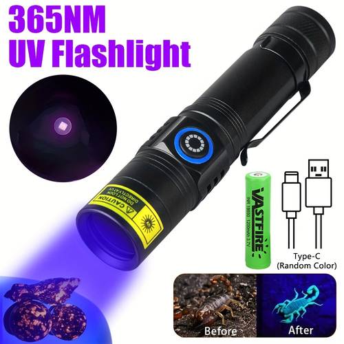 uv blacklight flashlight 365nm led spot beam torch usb type c rechargeable aluminum alloy body clip lithium battery 18650 for currency verification resin curing hunting stain detection