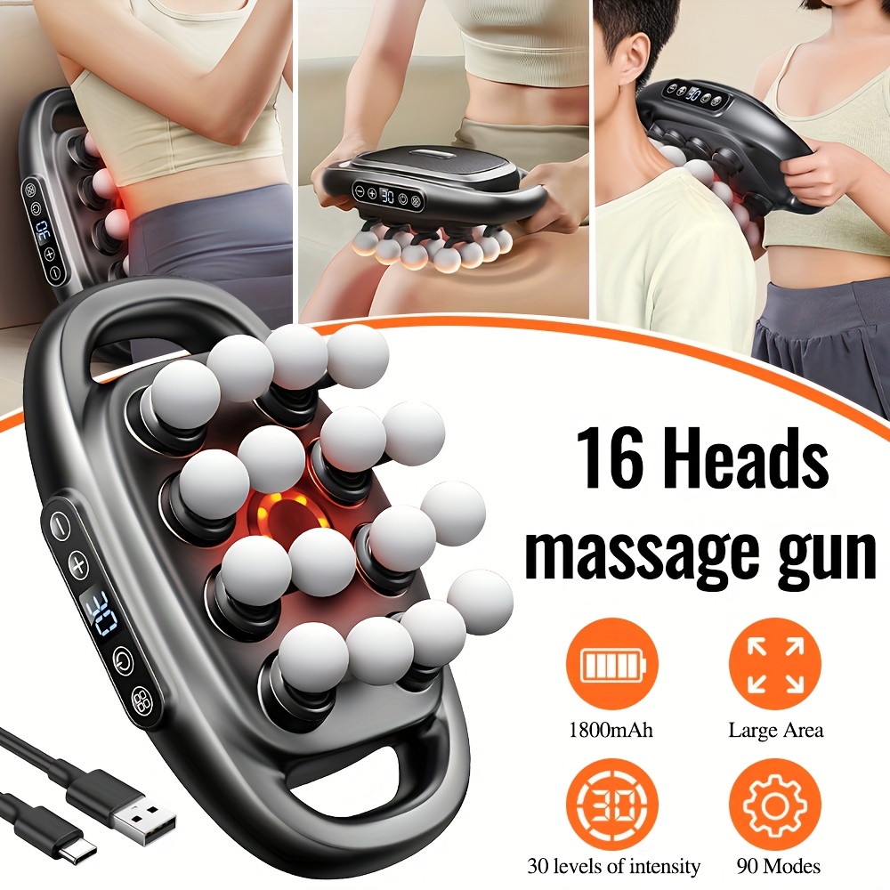 16 Head Massage Gun Set, Deep Tissue Massage Gun Portable with 3 Modes & 30 Intensities, Red Light, Powerful Power, Quiet Percussion Massager for Legs, Waist, Buttocks Muscles, for Home Travel, Gift for Friends And Family, Brithday Gift