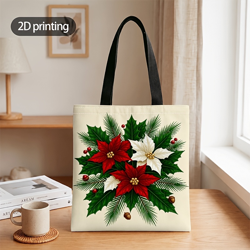 TEMU 1 pièce de sacoche et sac à main plat 2D pour homme et femme, sac fourre-tout unisexe à bandoulière avec imprimé branche de pin et poinsettia