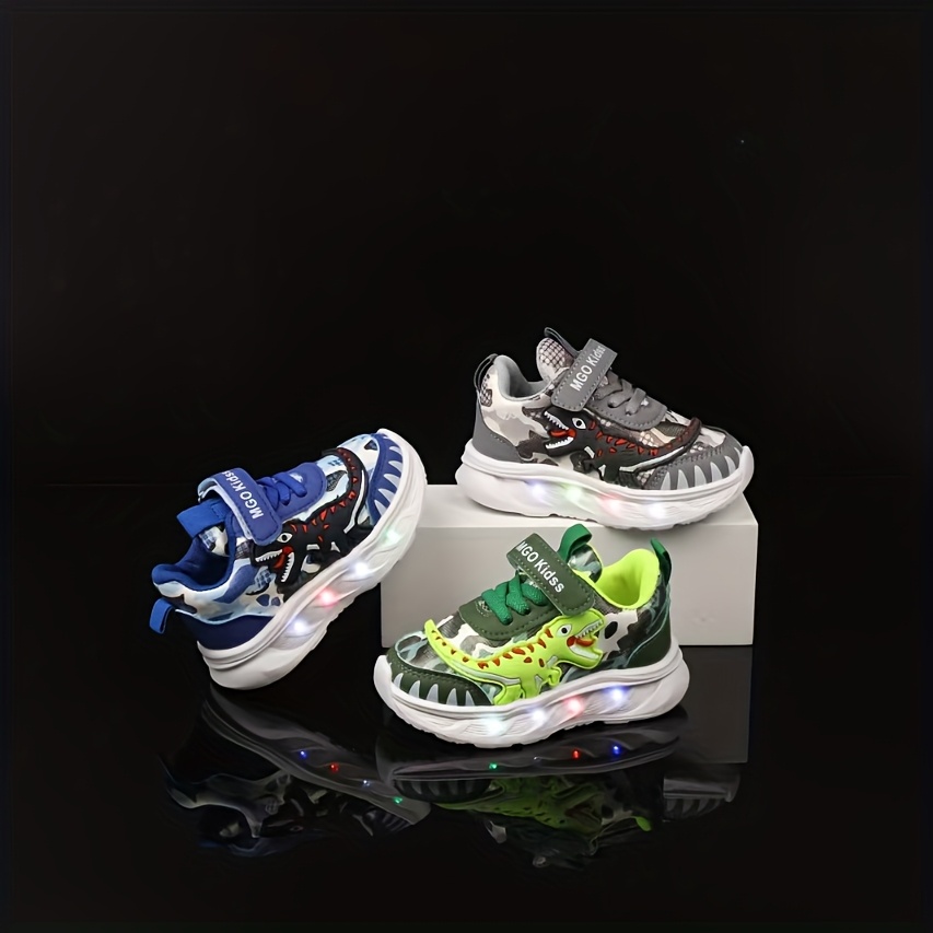led light dinosaur sneakers breathable mesh pu upper closure