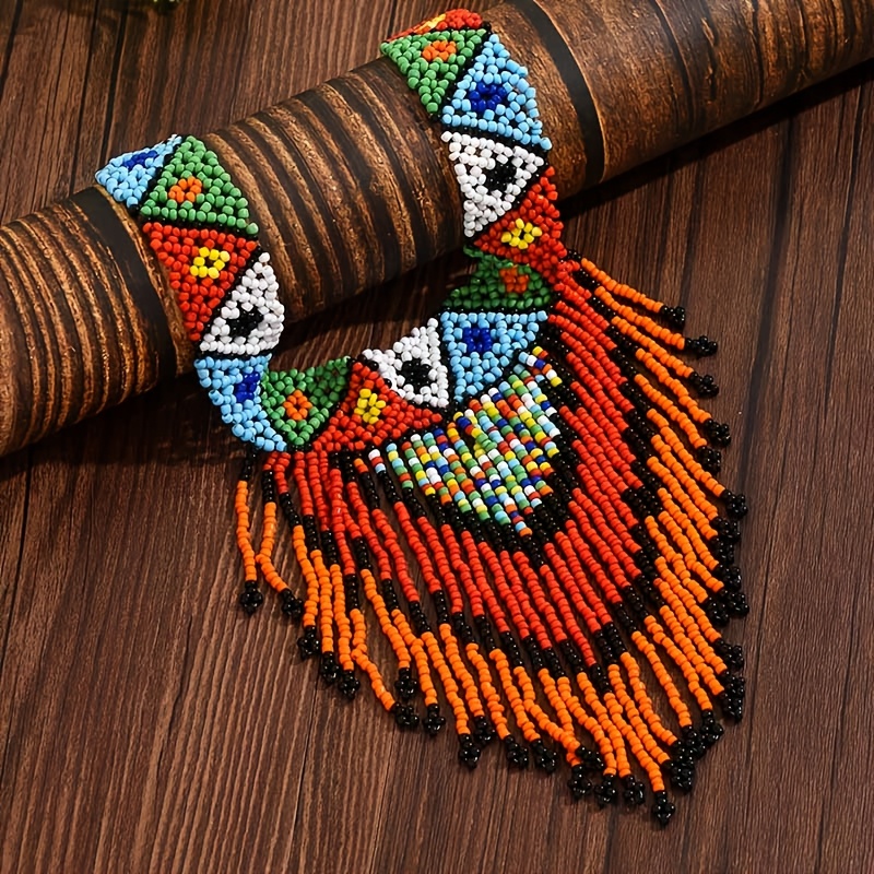 Women's Bohemian Hand-Woven Bead Necklace with Long Fringe Pendant