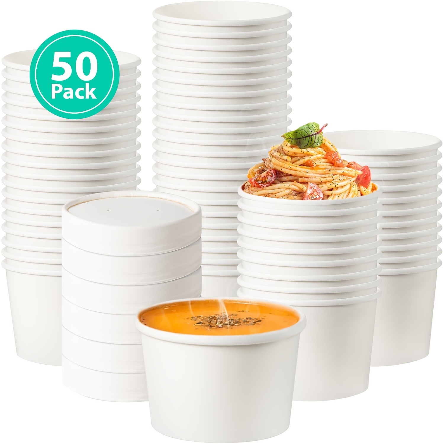 

50pcs 8oz White Paper Food Containers With - Hot Soup, Ice - Disposable, Ideal For Home & Restaurant Use