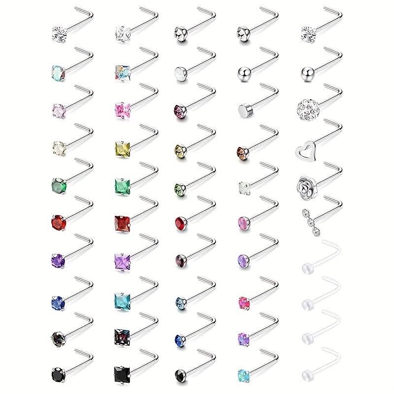 TEMU 50pcs Of Anti-allergic Nose Ring 20g Medical Stainless Steel Nose Ring Earrings L-shaped Nose Ring Jewelry Cz Opal Heart Nose Nail Set For Men