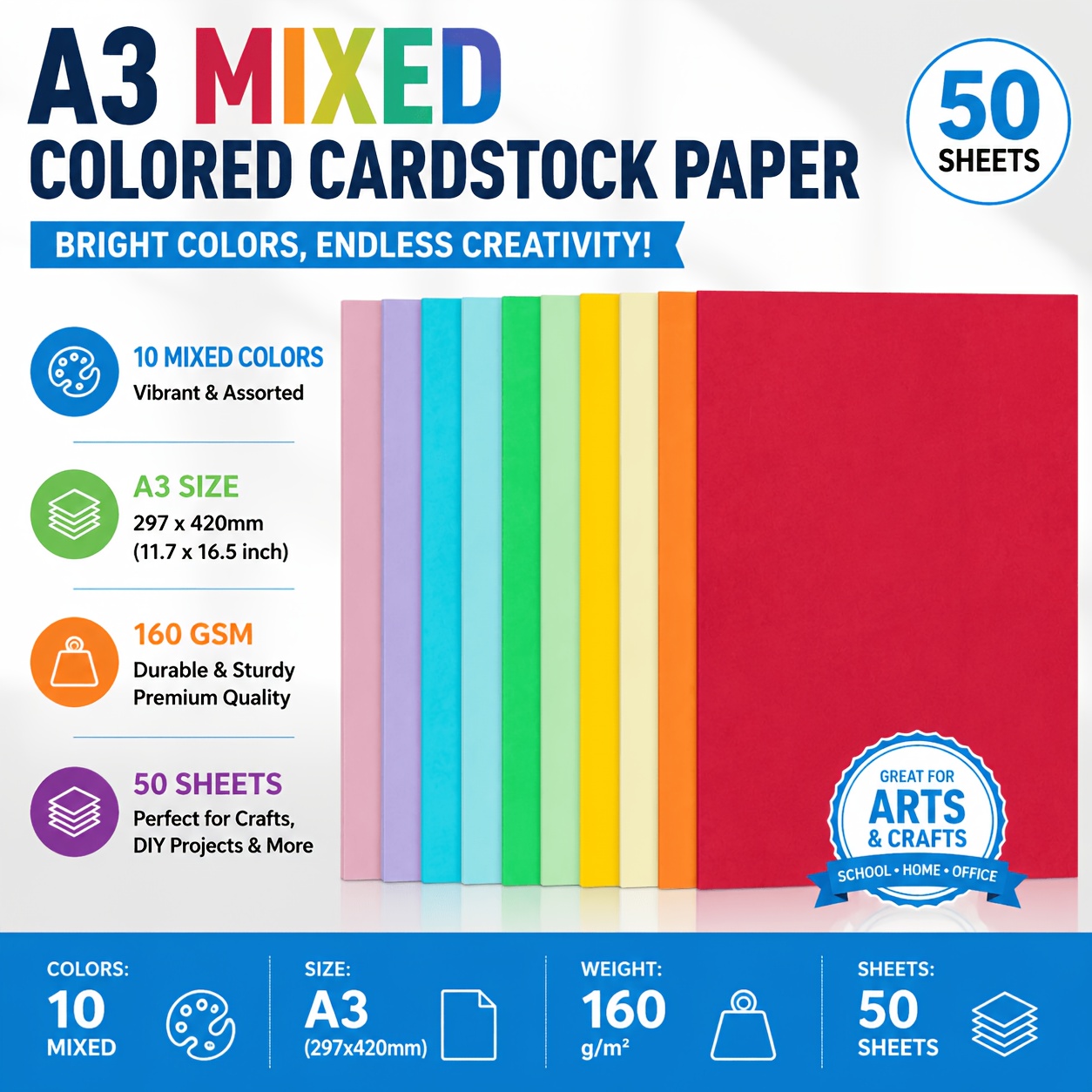 TEMU A3 Mixed Color Cardstock 160gsm, 10 Vibrant Colors, 50 Sheets, Large Size 11.7×16.5 Inches (297×420mm), Thick Handmade Paper, Easy To Cut And