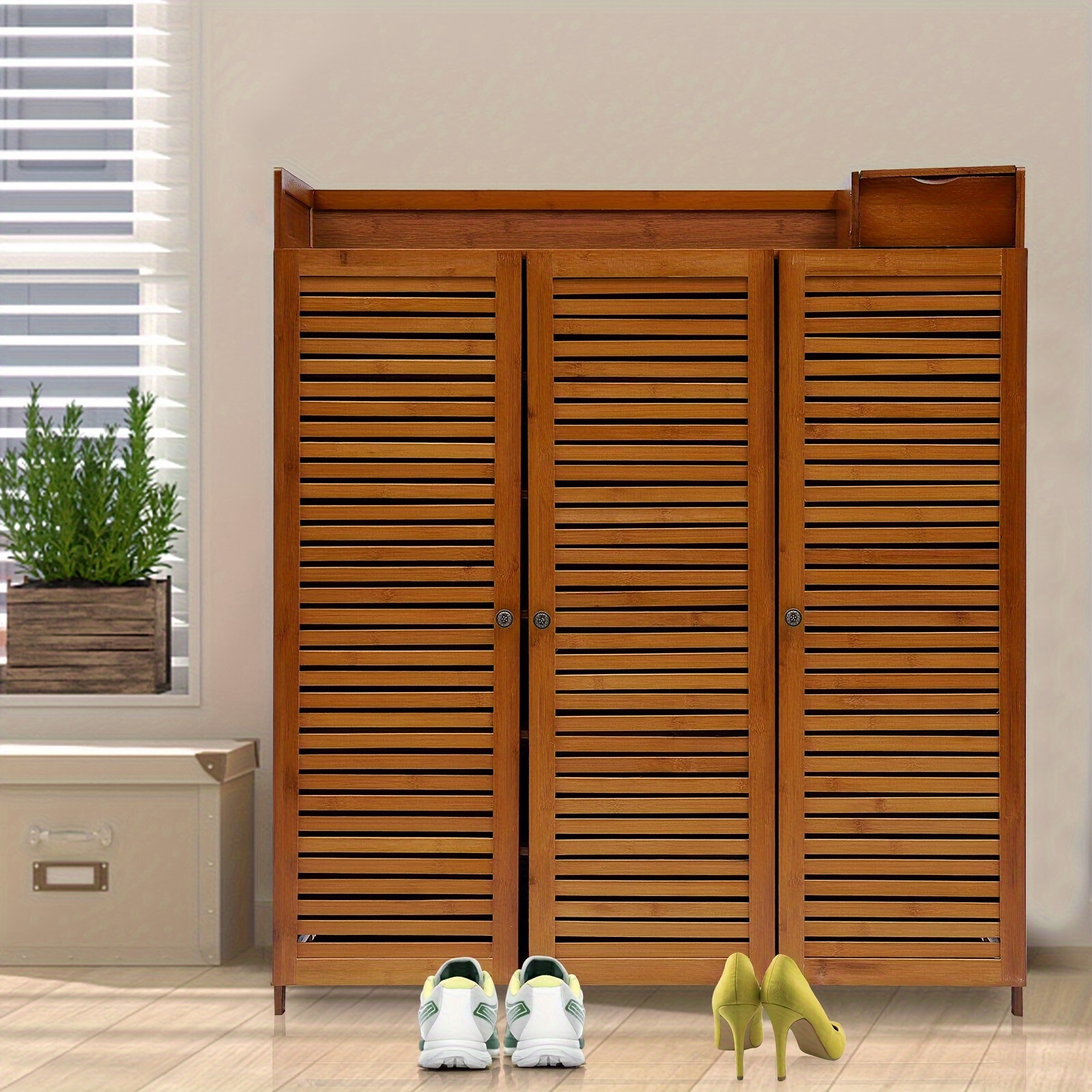 

Bamboo Shoe Cabinet Storage Rack Organizer Entrance Shoe Rack With Door-98*32*115cm