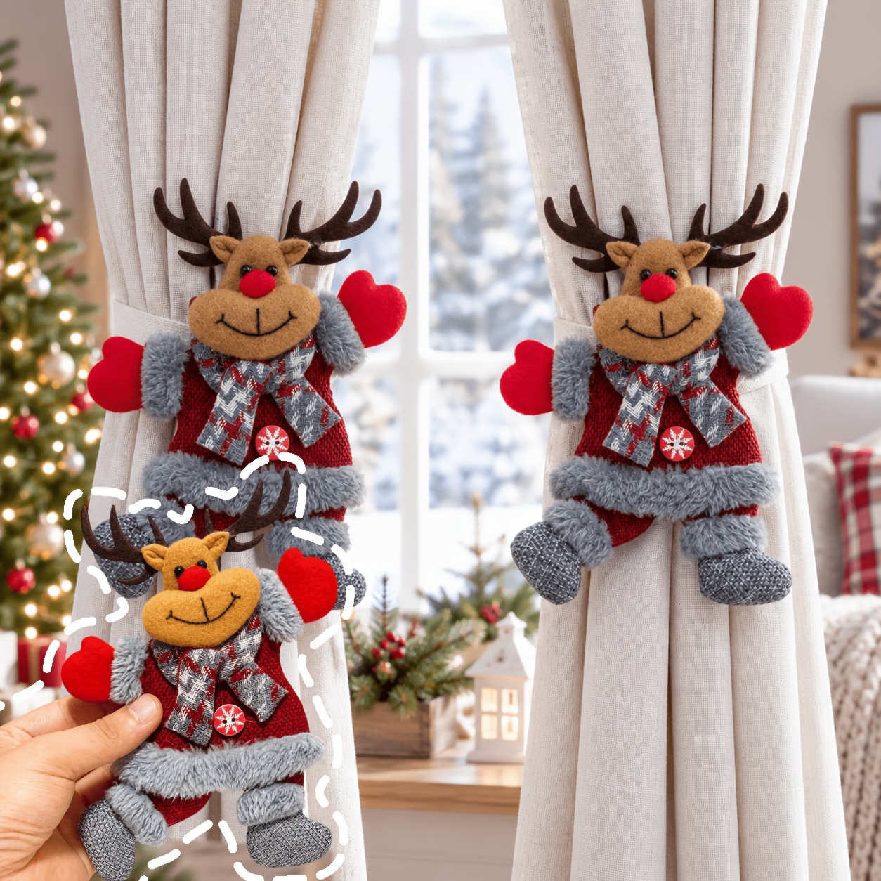 TEMU de rideaux 2 pièces en feutre sur le thème de Noël, grands attrapes-rideaux décoratifs, Père Noël, de neige, et , décoration de fenêtre pour les
