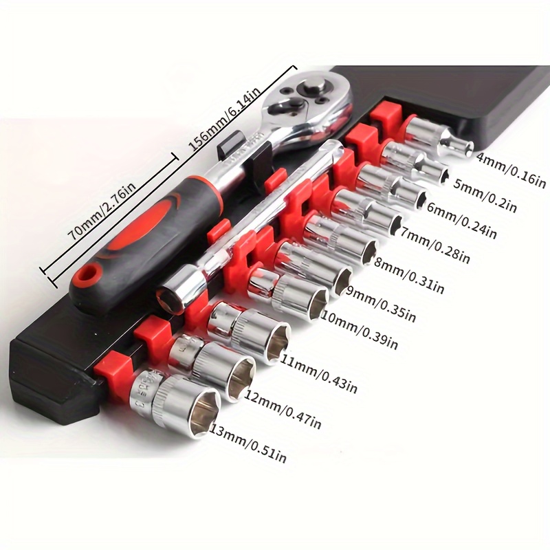 12pcs 1 4 inch ratchet socket wrench set drive socket set with 10 sockets 4 13mm and 2 way quick released ratchet handle and extension bar 1 4 new upgrade wrench socket set hardware car boat motorcycle bicycle repairing tool details 0