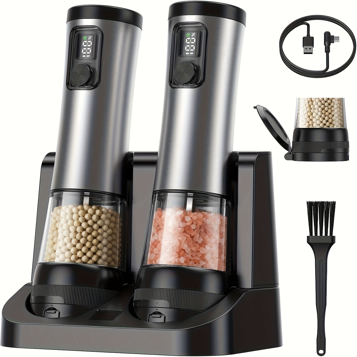 2 pack electric salt and pepper grinder set with adjustable grinding speed coarseness rechargeable automatic shakers large capacity stainless steel kitchen dining camping ideal for christmas thanksgiving halloween valentines day