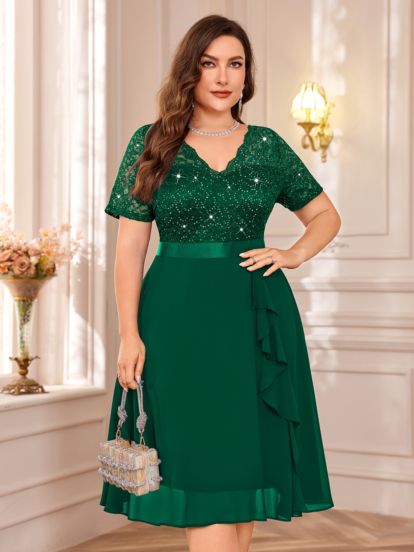 Mini Dress Emerald Green Womens Clothing Plus Size New Popular Elegant V  Neck Sequin Floral Lace