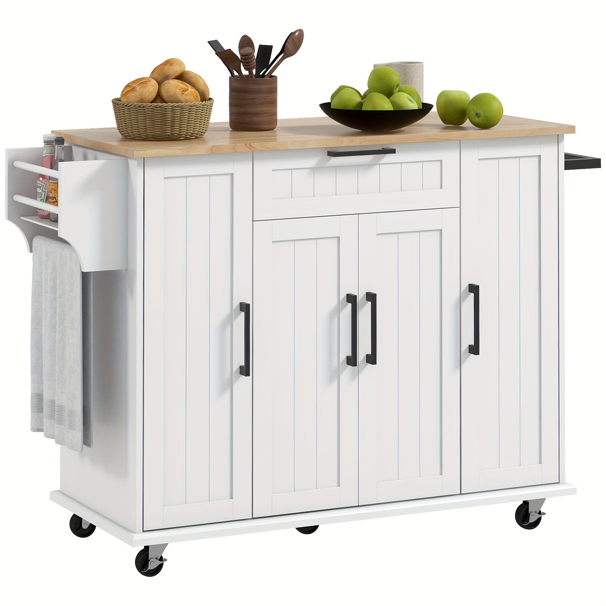 

Homcom Kitchen Island On Wheels, Rolling Kitchen Cart With Rubberwood Top, Drawer, Spice Rack, Towel Rack, Storage Cabinet With Inner Adjustable Shelves, White