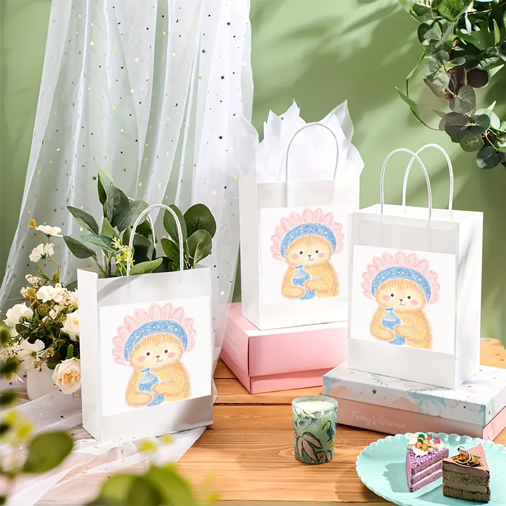 Flower Cap Bear Print Bottles with Handles, Reusable Gift Bags