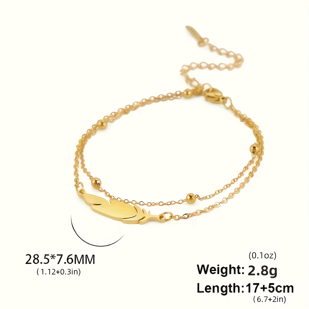 TEMU 1pc Minimalist Feather Bracelet, Bohemian Beach Feather Double-layer Beaded Bracelet, Stainless Steel Charm Bracelet, Suitable For Daily Wear,