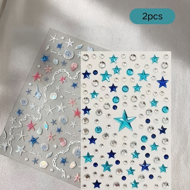 TEMU Lot de 2 autocollants décoratifs pour avec strass d'étoile de mer et de et blancs avec dos adhésif, accessoires pour pour vacances insulaires,