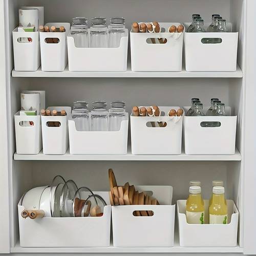 set von 6 küchenorganisatoren aus polypropylen - vielseitige kunststoff-aufbewahrungsbehälter mit hohlen griffen für küchenwerkzeuge, vorratsware und büromaterialien - stapelbare nicht-kontaktbehälter für die haushaltsorganisation