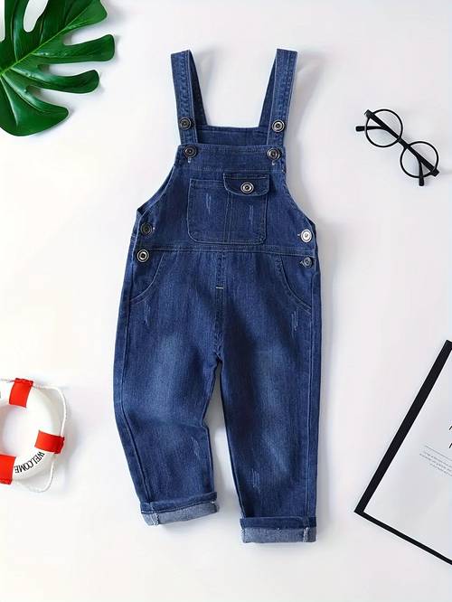 boys solid color washed navy blue navy blue stylish fashionable casual pocket double button adjustable denim overalls jeans for outdoor wear outdoor