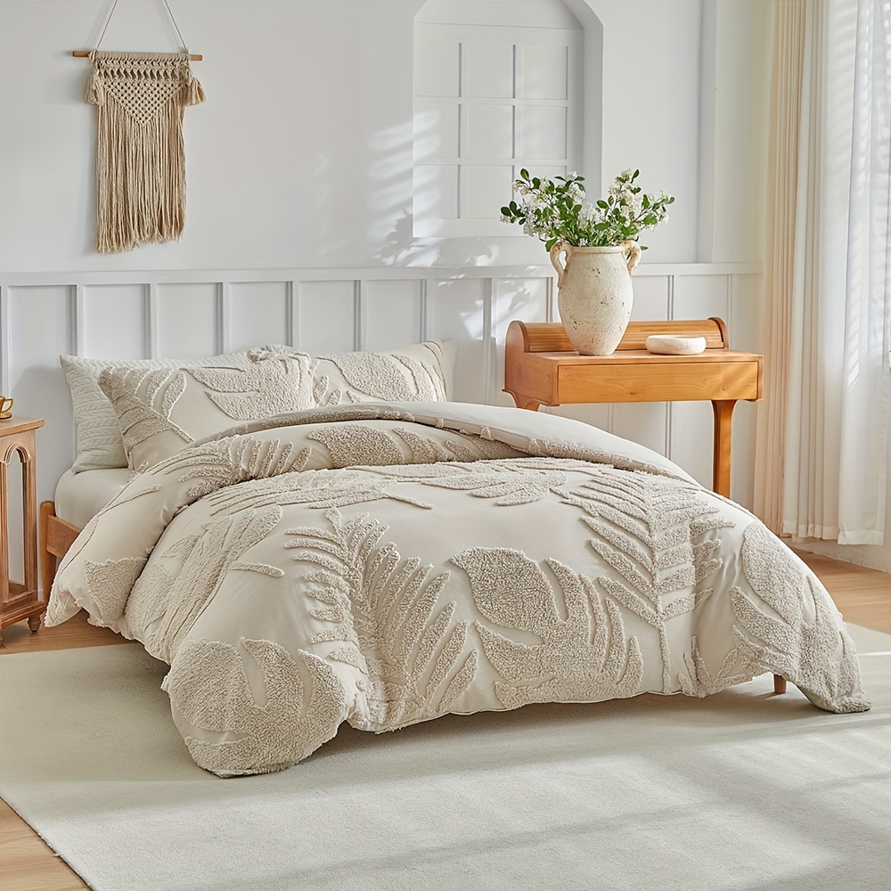 3D Leaf Pattern Duvet Cover Set 2/3pcs Set - High-Quality Tufted Craft, Distressed Style Washable Bedding, Soft Breathable Khaki Bedroom Decor, Multi-Size Available, All-Season Bedding