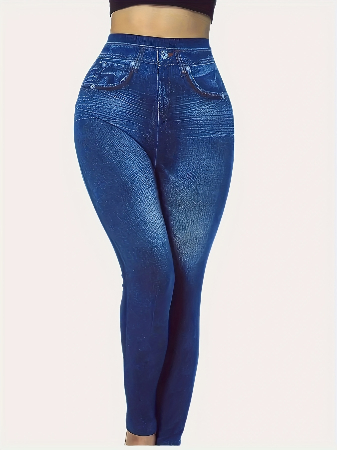 Plus Size Women's Casual Style All-Season Stretch Denim-Look Leggings - High Elasticity, Machine Washable, Faux Pockets Detail, Polyester & Elastane Blend, Smooth Fabric, Ideal for Vacation, Plus Size Jeans.Non-denim pants with denim print
