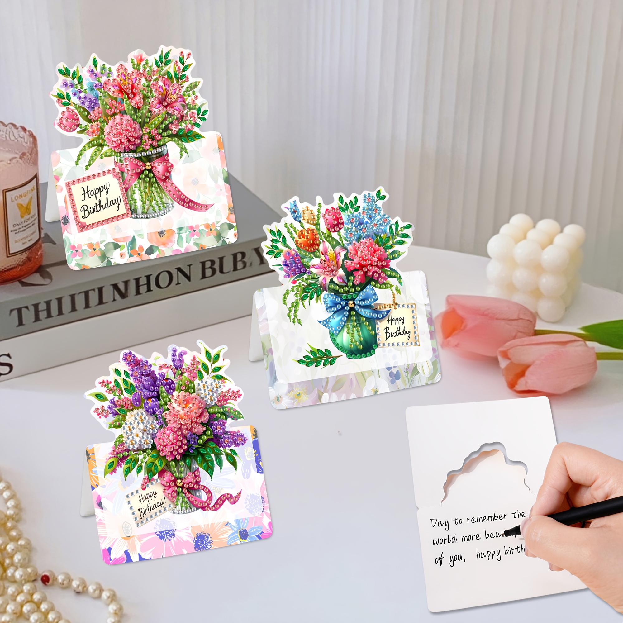 Image of 6pcs Diamond Painting Foldable Greeting Card Set, Birthday Cards With Floral , Foldable Greeting Cards Suitable For Birthday. Includes 6 Envelopes, Featuring Sparkling Greeting Cards. Diy Greeting