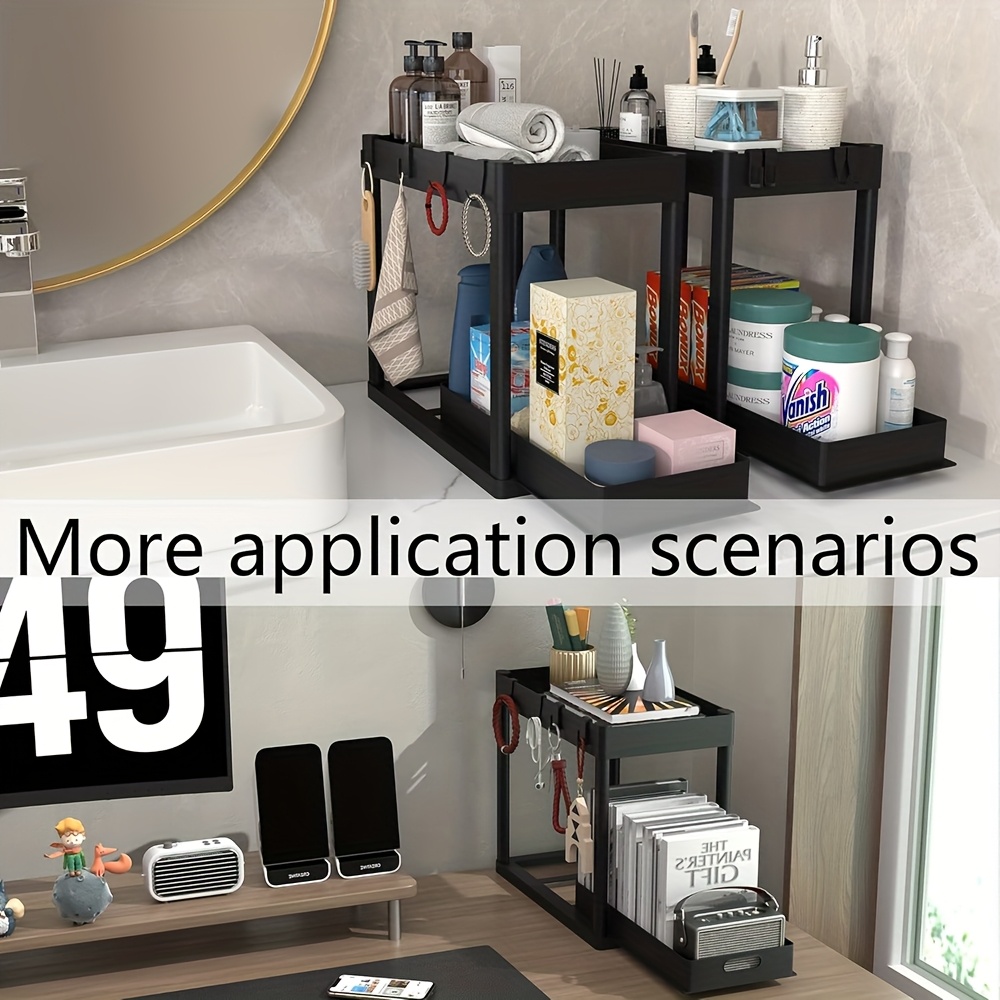 under sink organizer 2 pack kitchen cabinet organizer 2 tier sliding cabinet basket organizer drawer multi purpose baskets for kitchen under counter storage organizer with 8 hooks details 3