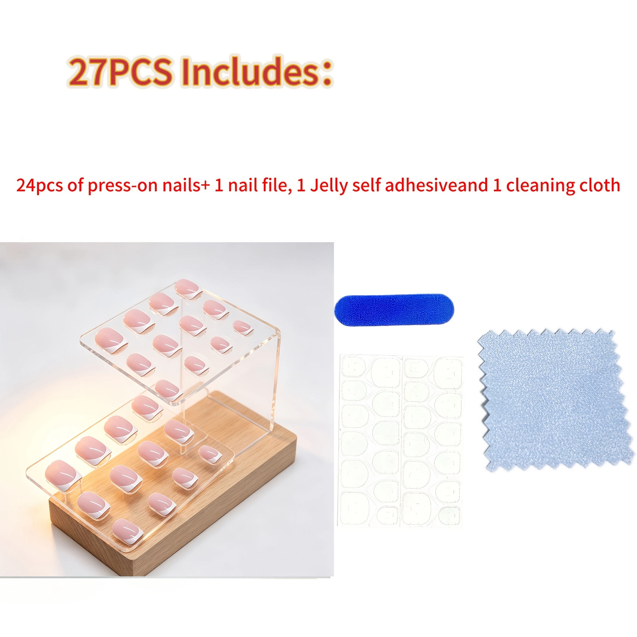 TEMU 27pcs (contains 24pcs Nail Tips, 1pc Nail File, 1 Sheet Jelly Self-adhesive Tabs And 1pc Cleaning Cloth) Press On Nails, Short Square Fake Nail