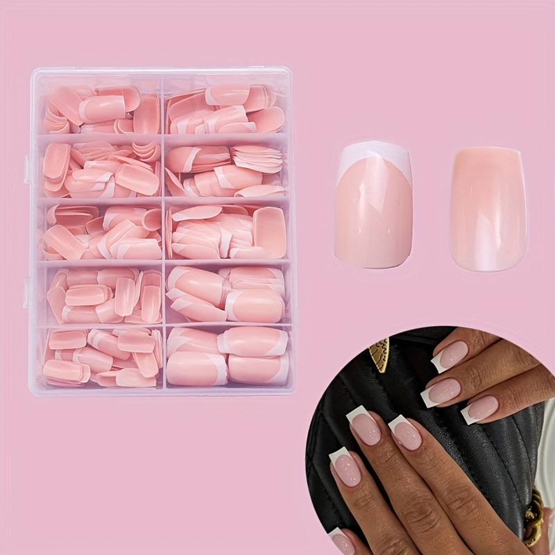 

120-piece French Nude Pink Square Fake Nails - Medium Length Glossy Finish Press-on Nail Patch Kit With Pure Color Design