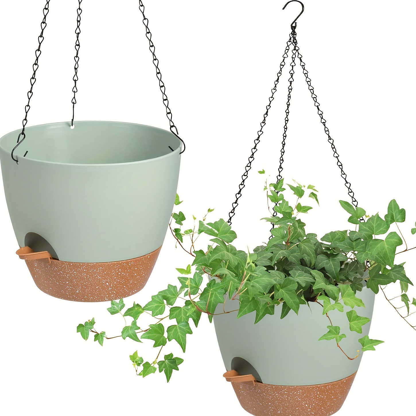 

2 Packs, Self-watering Hanging Planters, 8-inch Classic Plastic Flower Pots With Drainage Tray Chain For Indoor Outdoor Use, Green Copper