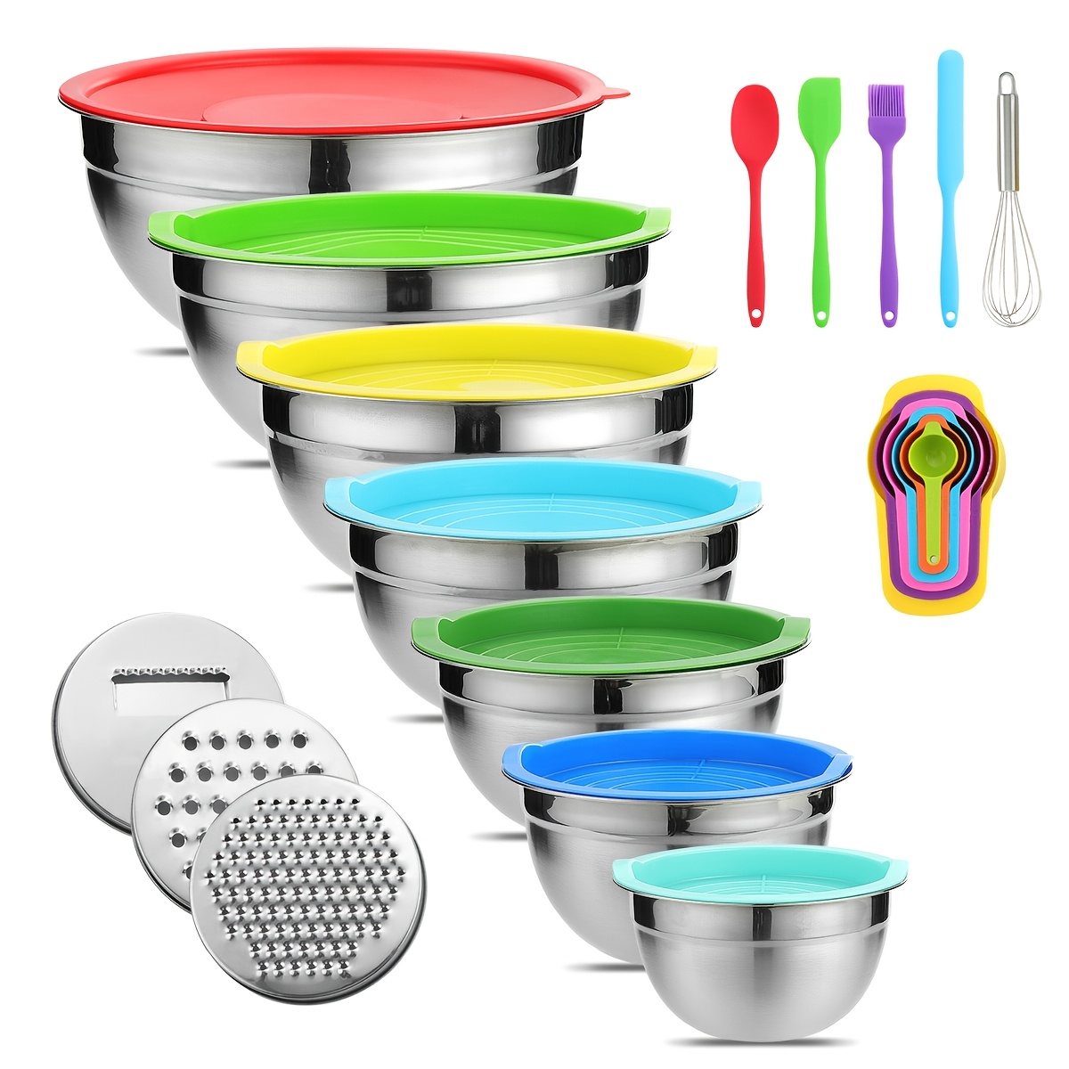 

21pcs Mixing Bowls With Set, Stainless Steel Mixing Bowls With 3 Grater Attachments, Size 4.5, 4, 3.5, 2.1, 1.5, 1.1, 0.7qt, Ideal For Kitchen Cooking Baking & Serving