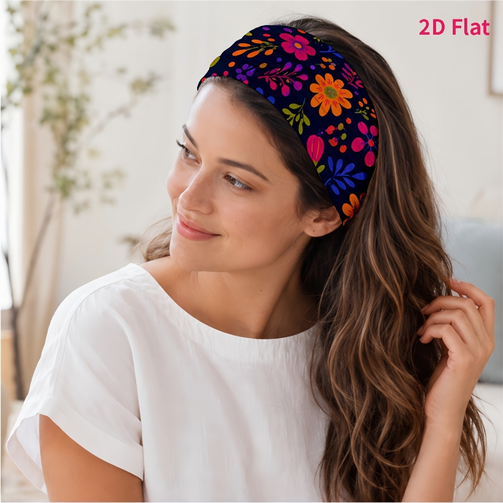 TEMU 2d Flat 1pc New Style Hair Band, Multicolor Floral And Leaf Print Pattern, Suitable For Yoga/fitness/daily /skincare, Photo /outing, Fashionable