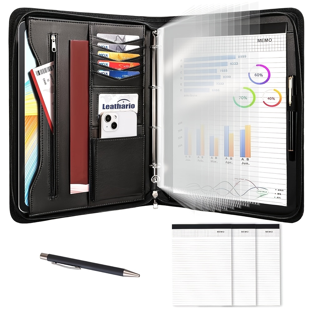 Leathario A4 Folder, Equipped With 10 File Folders And 3 Notepad Sets, 4-hole Binder, Meeting Folder, Zipper File Bag, Suitable For Meetings, Business And Travel Portfolio Folder, Local Warehouse