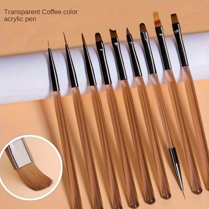 TEMU 9pcs Nail Art Brush Set, Brown Transparent Handle Nail Art Brushes With Nail Carving Pen For Nail Art