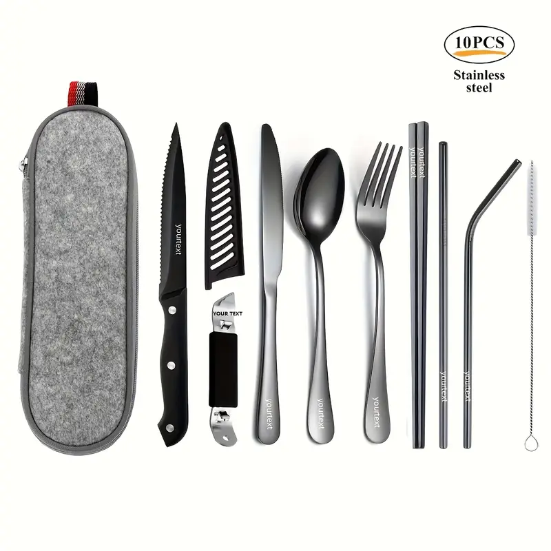 personalized customized outdoor portable cutlery set travel camping set 9 10pcs including knife chopsticks cleaning brush straw bottle opener steak knife with knife and not damaged portable bag silvery black Product details 4