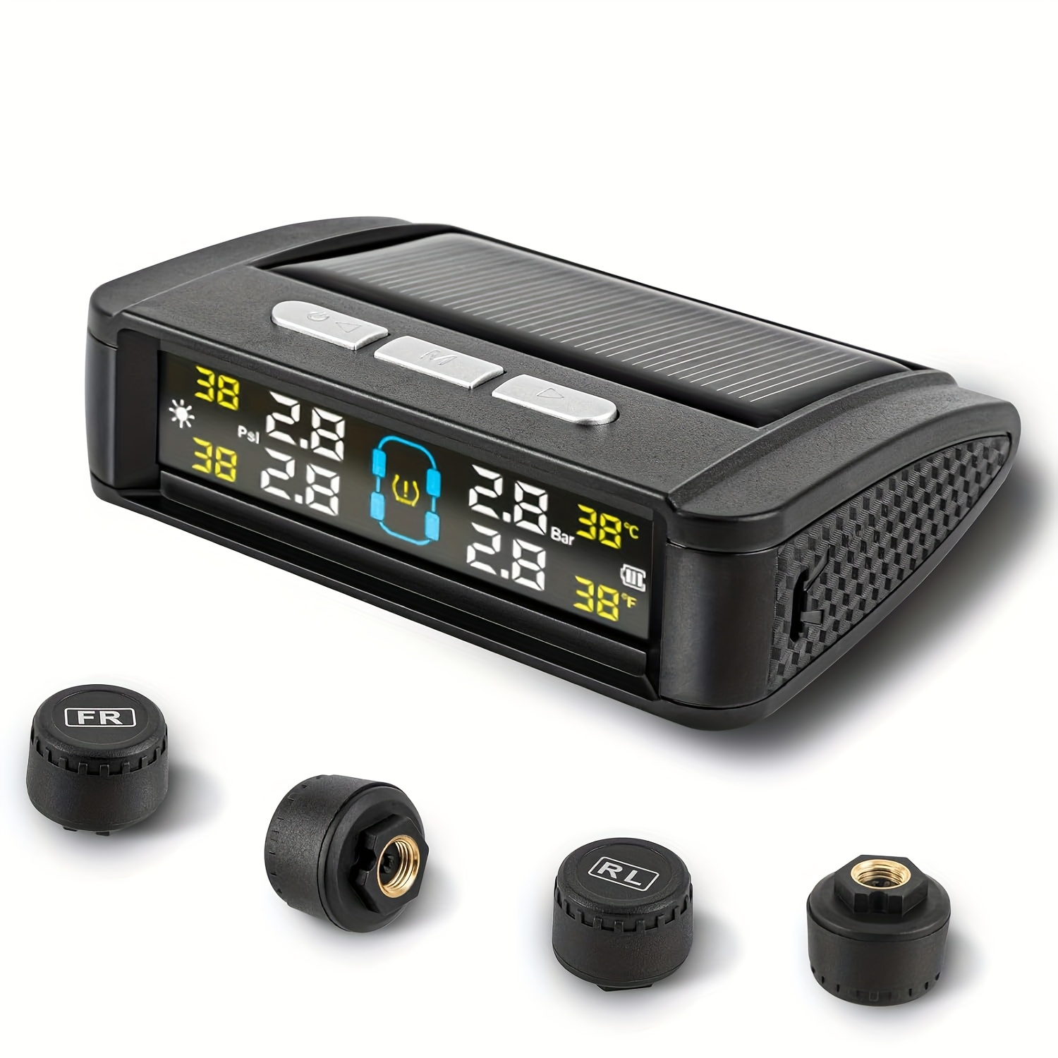 TEMU Tire Pressure Monitoring System - Tpms Solar And Usb Charge Tire Pressure Monitor System With 4 External Sensors And 6 Alarm , Real-time Color