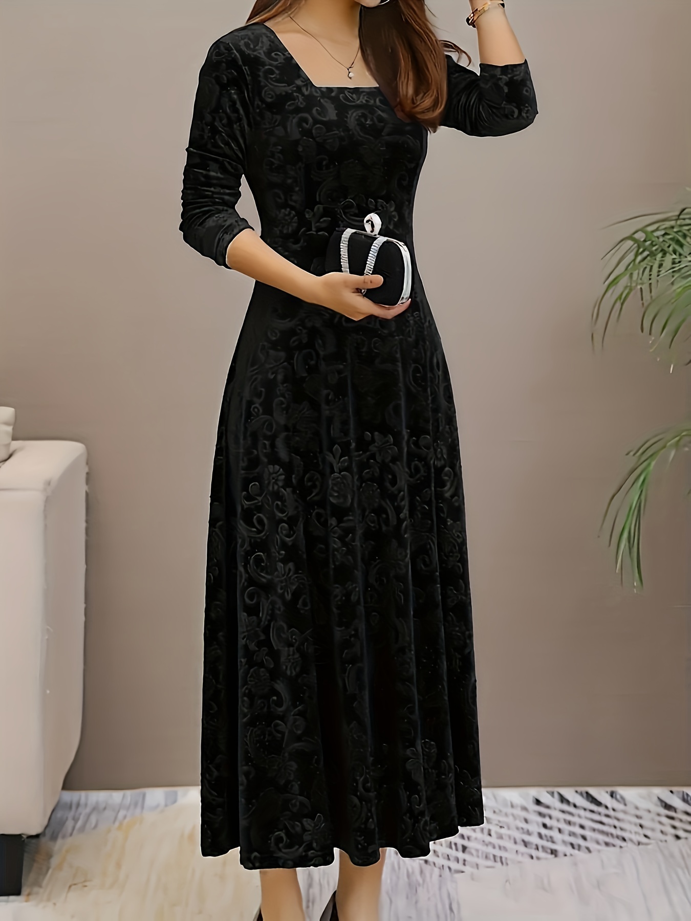 Directional Style Velvet Floral Pattern Long Sleeve Dress New Year Elegant  Square Neck Dress
