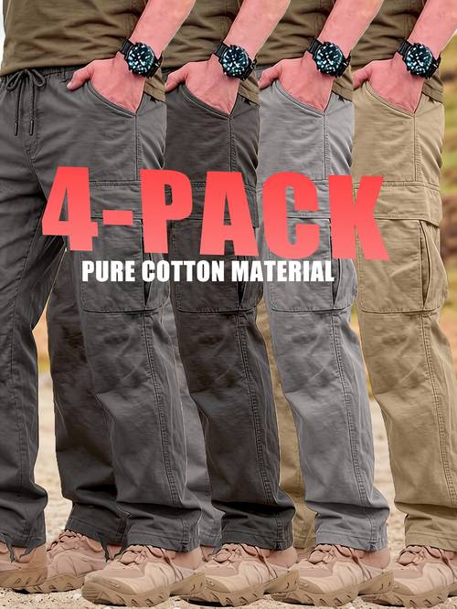 4 pc S Cargo Pants, Elastic Waist Drawstring Loose Fit Straight Leg Work Pants, Multi-Pocket Casual Outdoor Hiking Long Trousers with Elastic Drawstring Waistband, Suitable for Spring Summer Fall, Ideal for Golf